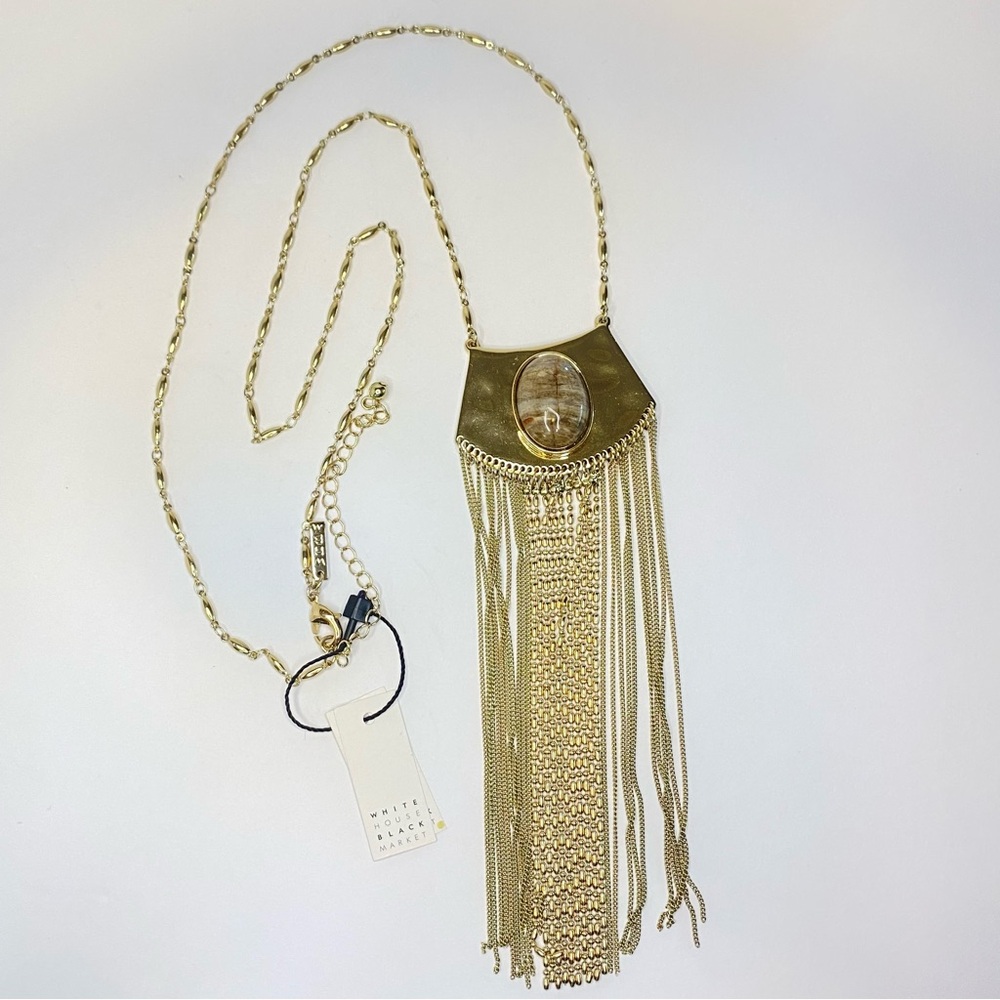 WHBM Rutilated Quartz Necklace Gold Tone Brown Gray Stone Fringe